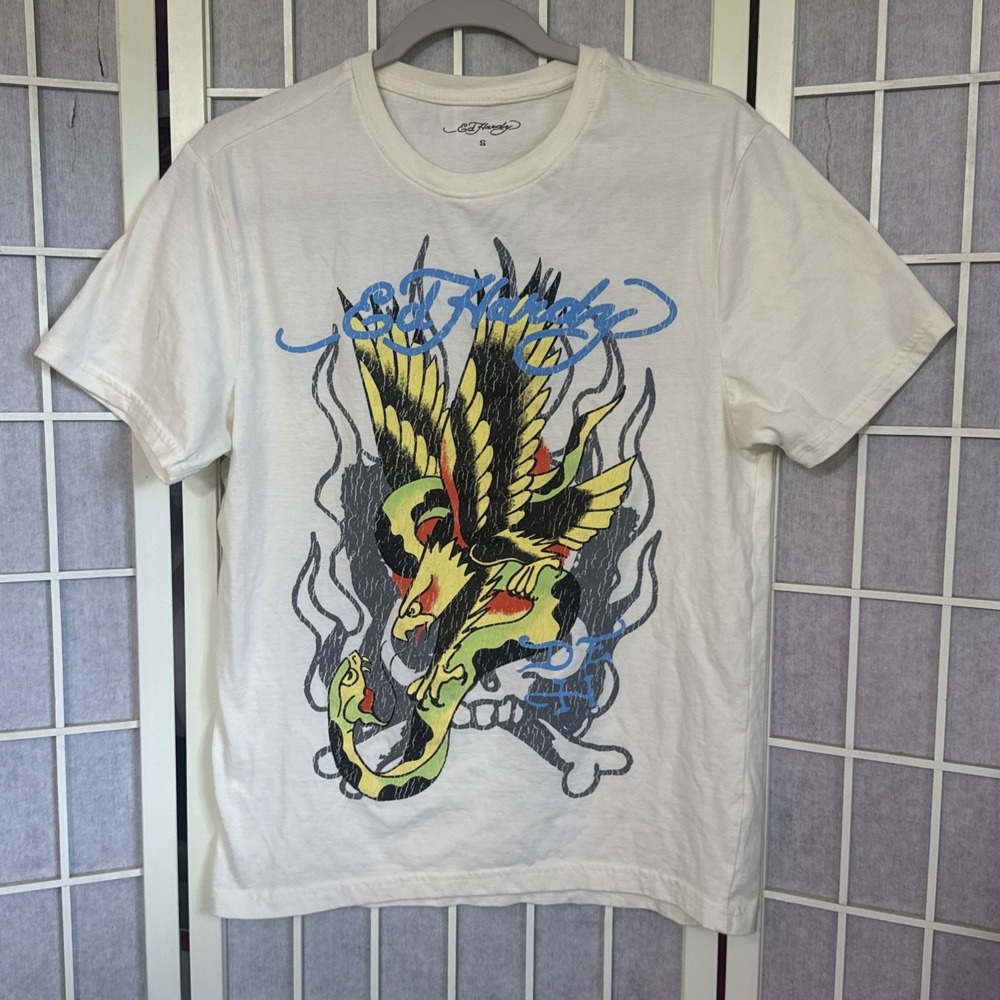 Y2K 2000s Ed Hardy Snake New York City Skull Eagle Tattoo Tee T-Shirt Mens Small